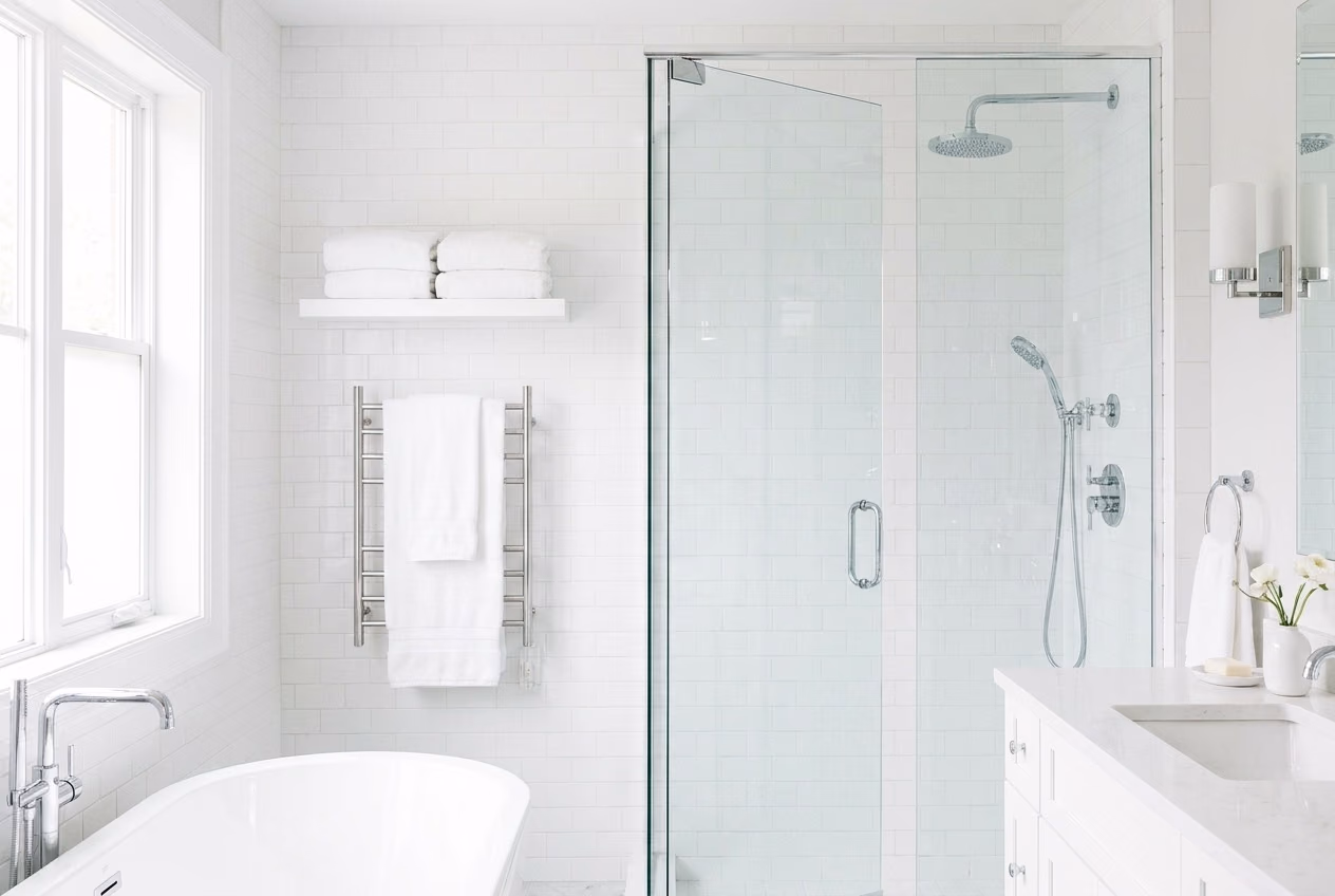 A sparkling clean bathroom with gleaming tile and glass