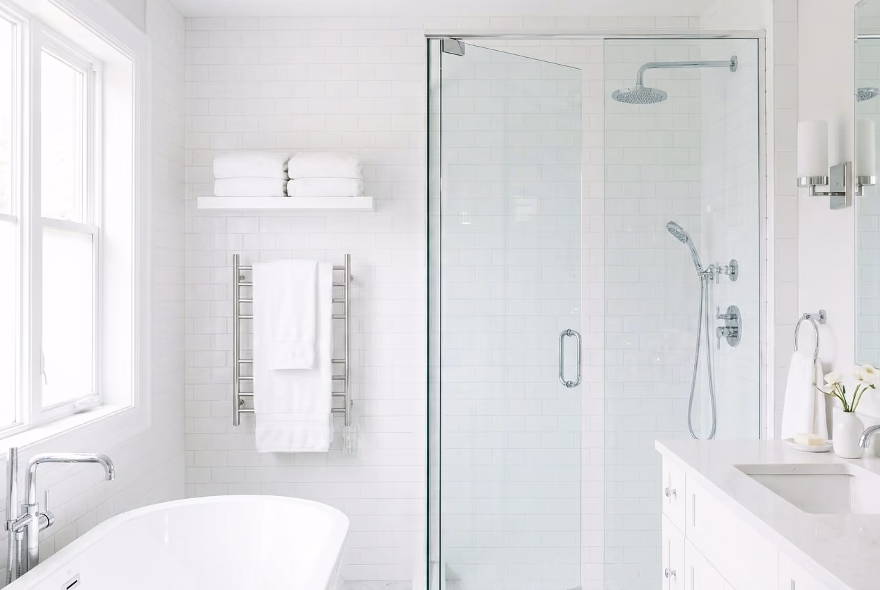 A sparkling clean bathroom with gleaming tile and glass