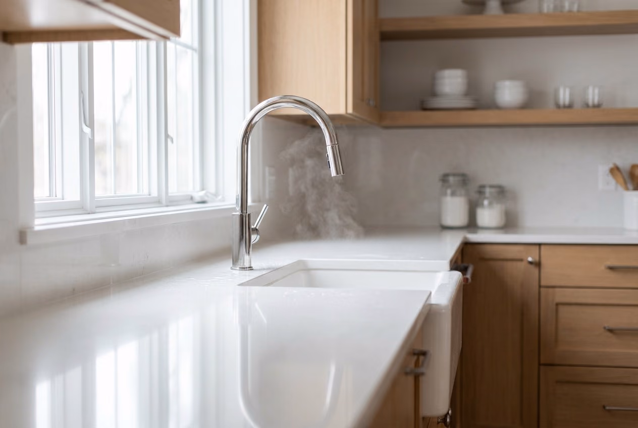 Close detail of a polished kitchen counter and faucet